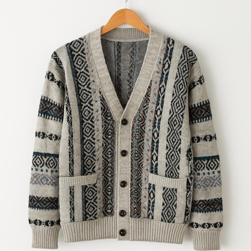 Unisex Large Geometric Fair Isle Patterned Cardigan Sweater
